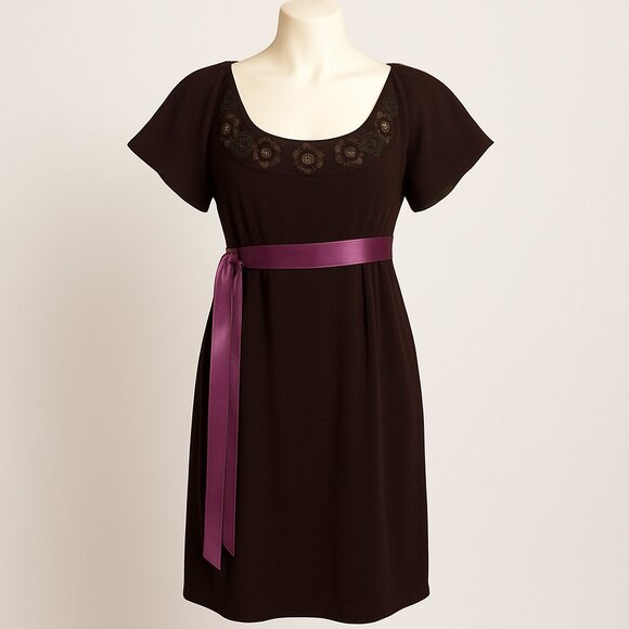 Uncle Frank Chocolate Brown Dress Floral Embellished Neckline Lilac Ribbon Belt - Picture 1 of 7